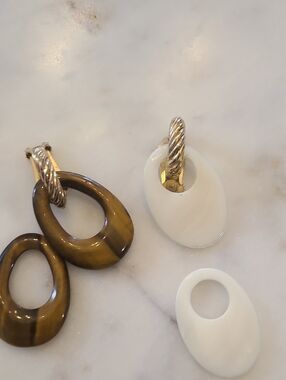 Vintage Mimi di Niscemi Drop Hoop Earrings — Brown Tiger-Eye & White Set